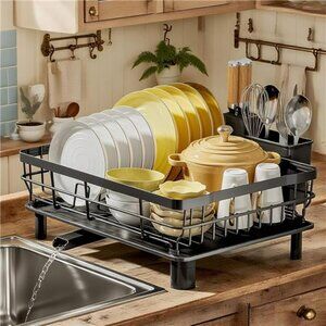 Stainless Steel Dish Drying Rack with Drainboard Utensil Holder Kitchen Counter